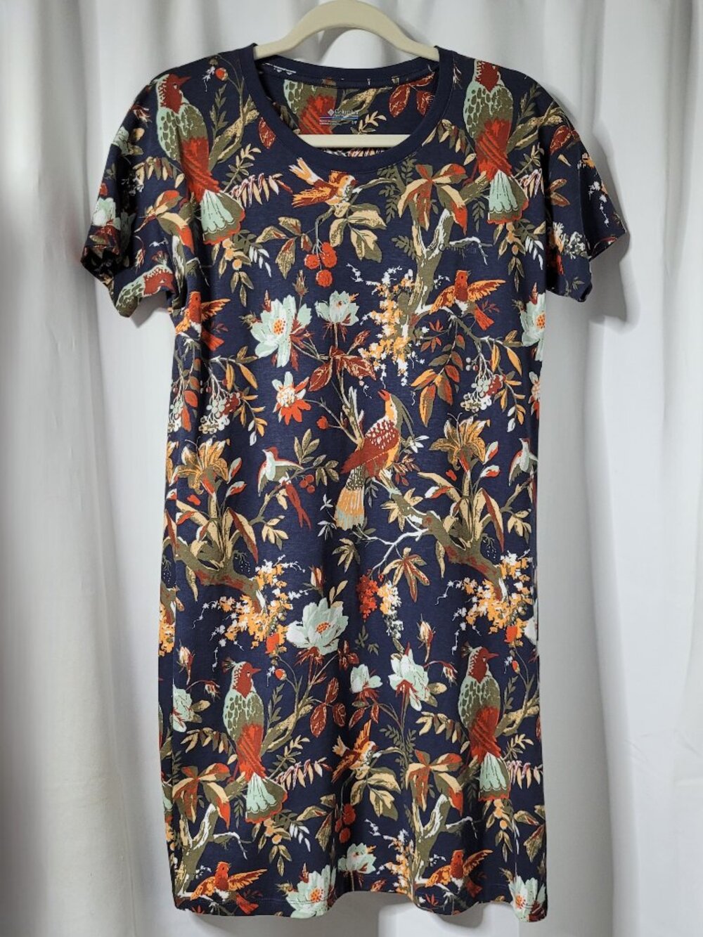 Columbia Navy Blue Botanical Bird Floral Cotton Tee Dress